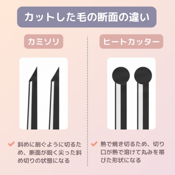 カミソリとヒートカッターそれぞれで毛をカットしたときの断面図