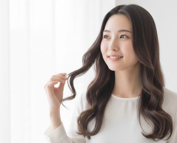 ゆるく巻いたロングヘアの女性