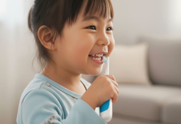 子どもが電動歯ブラシで歯磨きをしている様子