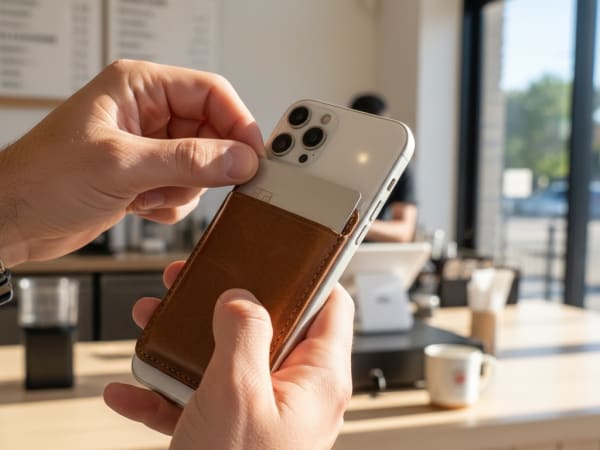 カフェでMagSafeカードケースを使う様子