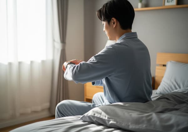 ベッドでスマートウォッチを見る男性