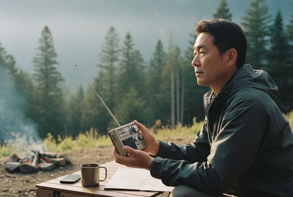 山岳部でラジオを聴く男性