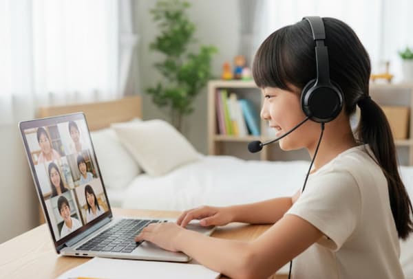 有線ヘッドホンと着用してオンライン授業を受ける子ども