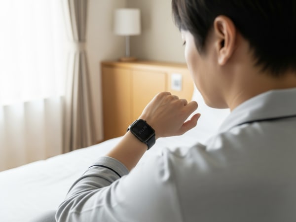 スマートウォッチを見る寝起きの男性