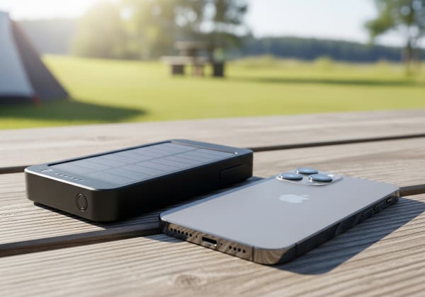 ソーラーパネル付きモバイルバッテリーとiPhone