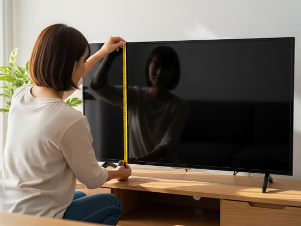 テレビの長さを測る女性