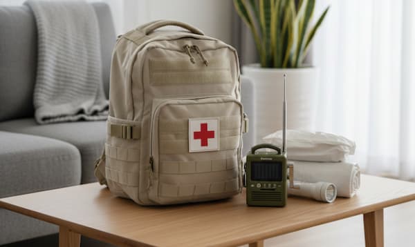 防災バッグとラジオ