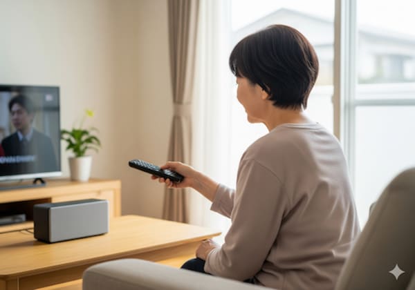 テレビを見ながらスピーカーをリモコン操作するシニア女性