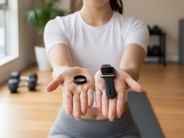 指輪とスマートウォッチを差し出す女性