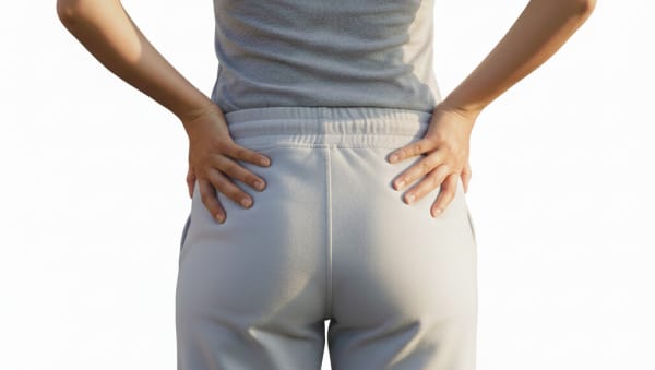 お尻を手で押さえる女性