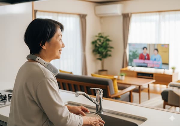テレビを見ながらキッチンで洗い物をするシニア女性
