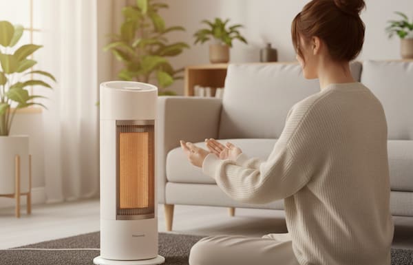 ヒーターで暖まる女性