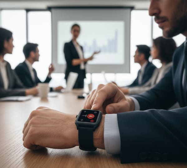 会議内容をスマートウォッチで録音する男性