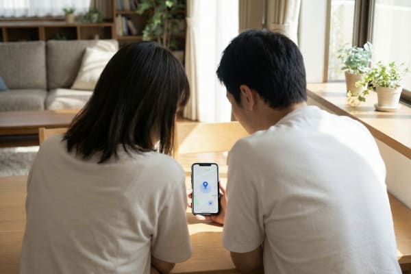 スマホの画面を覗き込みマップの位置を確認する夫婦