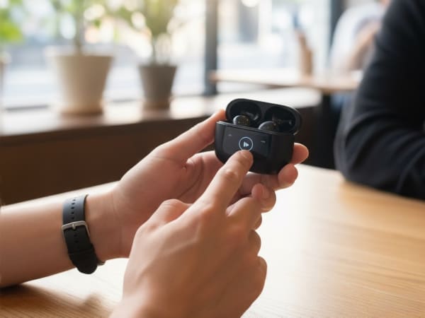 液晶ディスプレイ付きイヤホンを操作する人の手