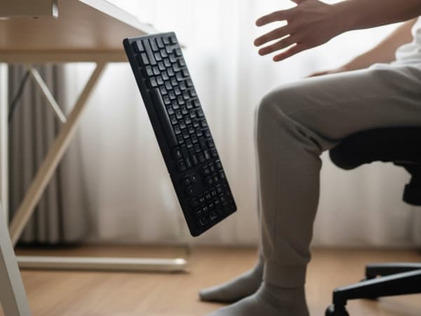 落下するキーボードを取ろうとする人物
