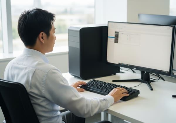 キーボードに向かって作業するワイシャツの男性
