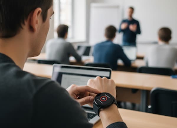 スマートウォッチで授業を録音する男性