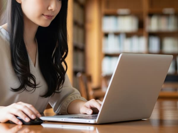 図書館でPCを操作する女性
